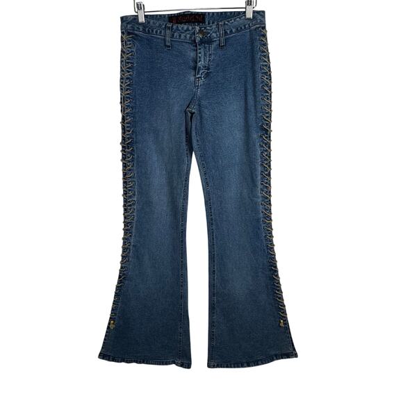 Rare Vintage Y2K Mudd Yo! Lace Up Leg Jeans Low Rise Flare Bell Bottoms Size 9